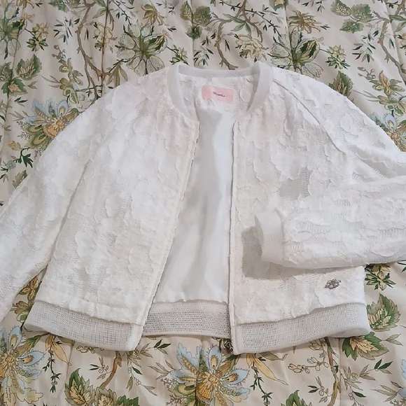 White Lace Bomber Jacket with Sheer Floral Design - Picture 1 of 2